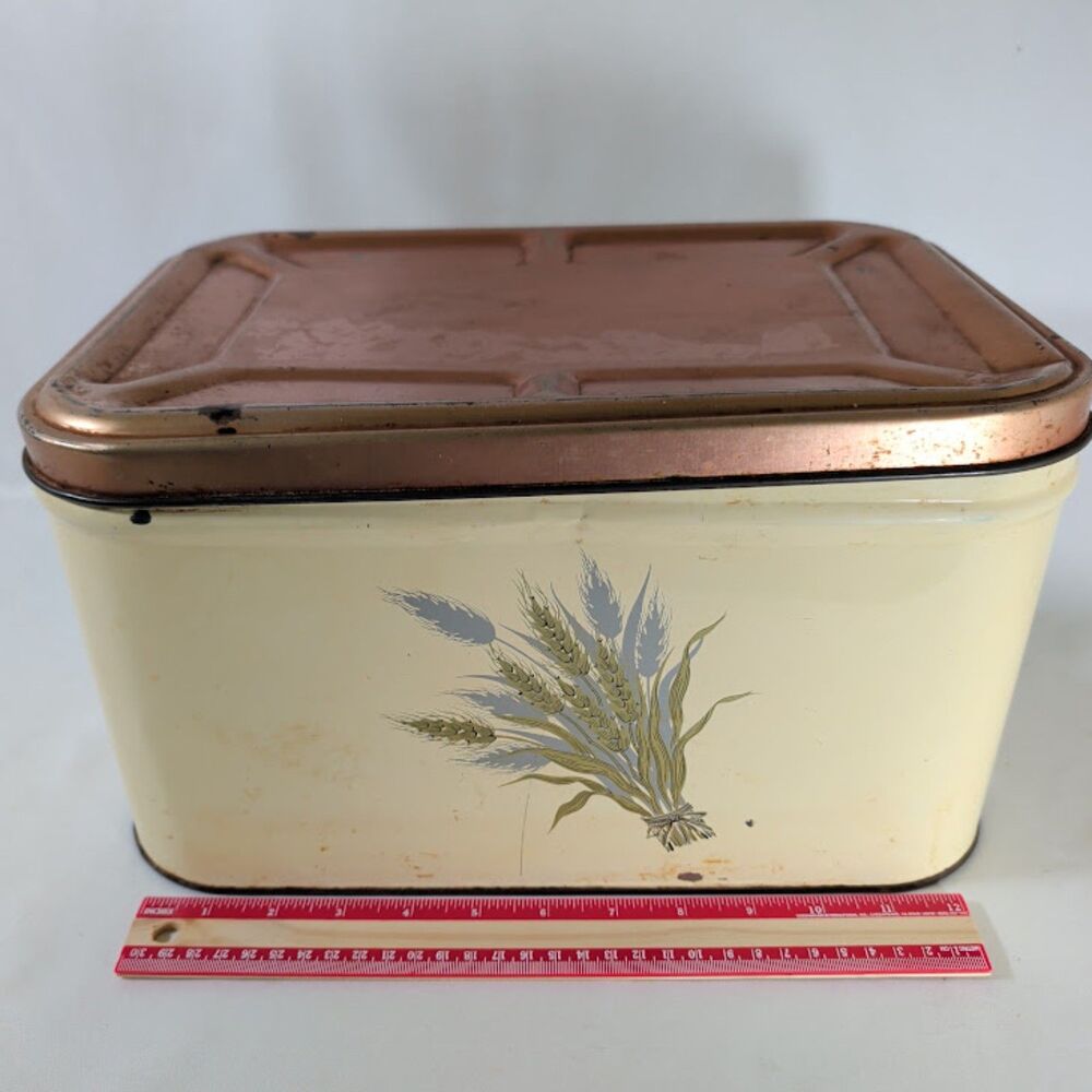 Vintage 1950s Tuttle Corp Metal Bread Box Copper Lid Wheat Design Made USA